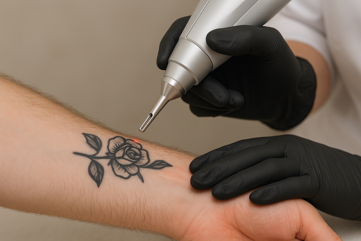 Unterarm mit tätowierter Rose und Laserbehandlungskopf für Tattooentfernung.