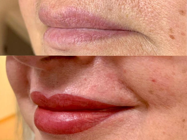 Vorher-Nachher Bild von Lippen vor einer Permanent Make-up Behandlung und danach. Das Ergebnis sind optisch schöne, gesunde und voller wirkende Lippen als vorher. 