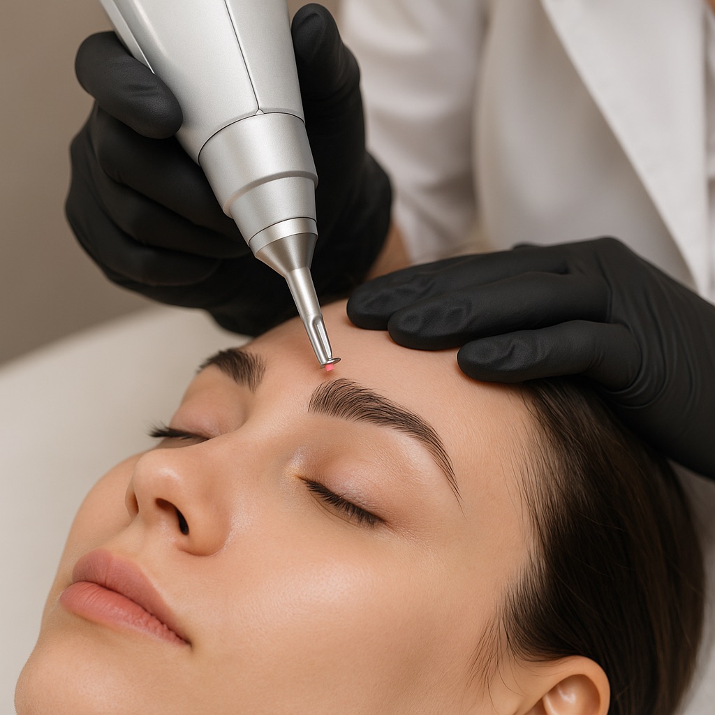 Gesicht einer Frau bei der mit einem Laserhandstück das Permanent Make-up entfernt wird.
